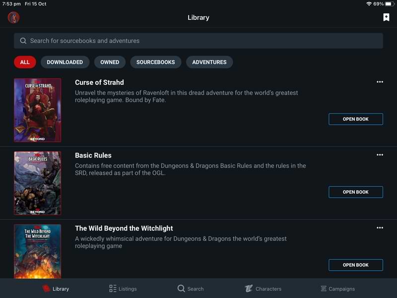 D&D Beyond App iOS bookmarks