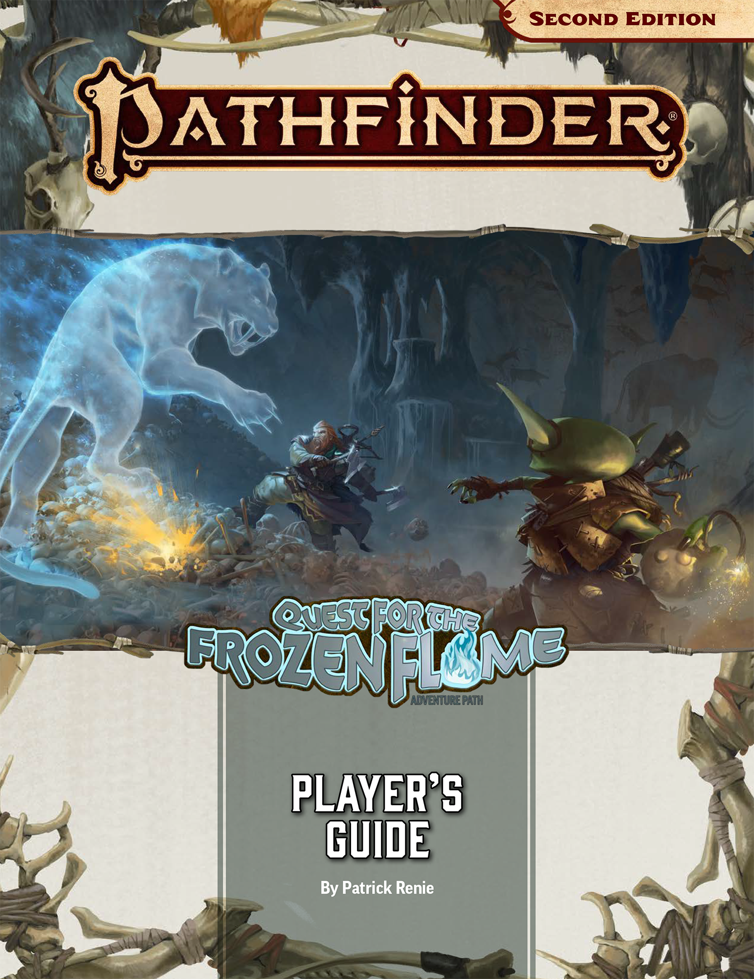 Quest For the Frozen Flame Player's Guide Cover featuring Fumbus and Harsk battle a glowing saber tooth cat