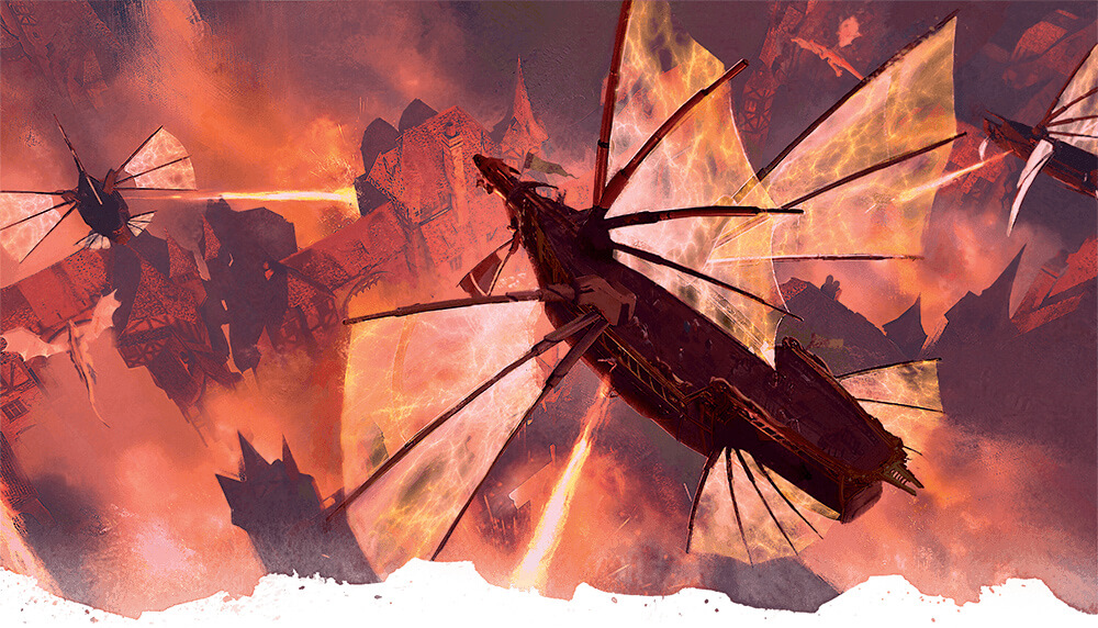 A spelljammer ship flies over a city