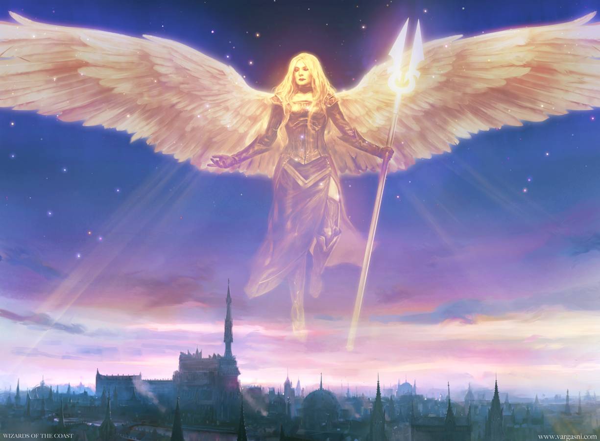 A good-aligned god appearing over a city