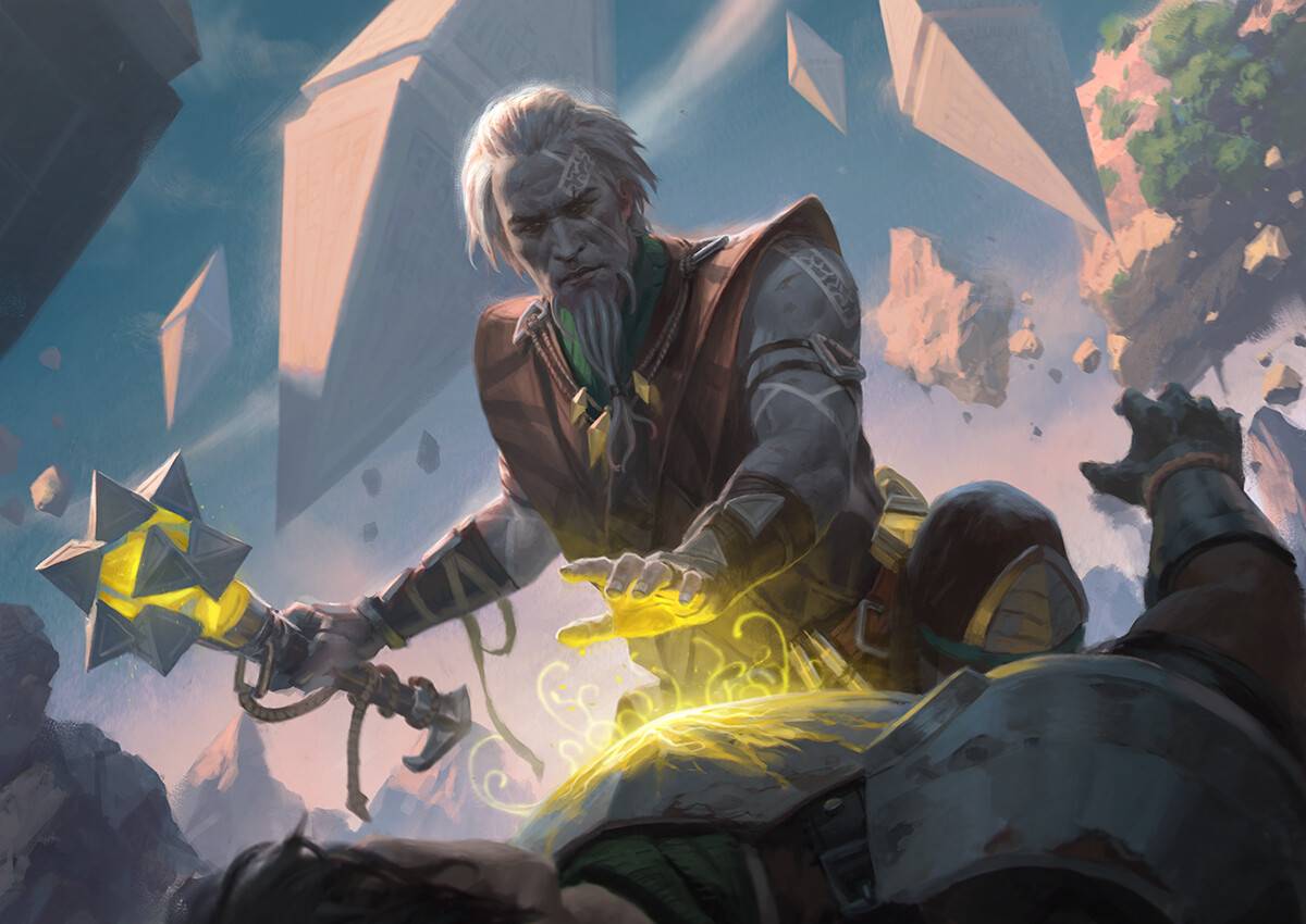 A cleric healing his adventuring companion