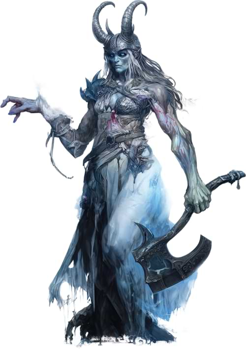 An undead frost giant holds an axe