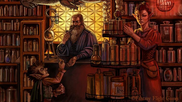 A warmly lit store interior manned by an old bearded man who is doing trade with a goblin. All while an elven woman tends to the shelves.