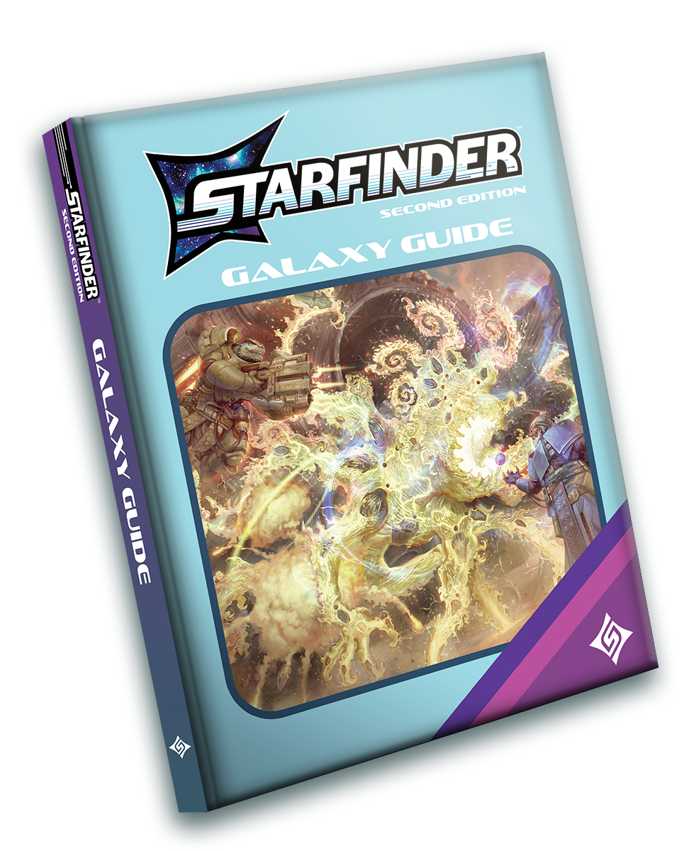 Starfinder Galaxy Guide Retailer Cover: A video game box inspired cover with art of the Starfinder iconic witchwarper Zemir, using magic to look into a bright golden cosmos