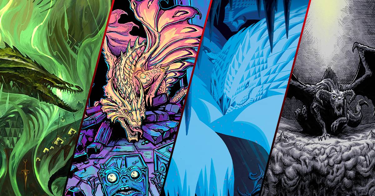 Dragons in four different styles of art