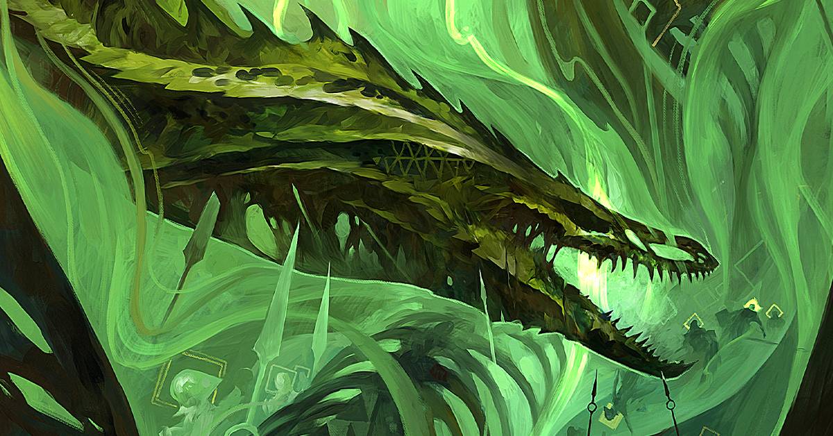 A green dragon is displayed in an artistic painted style