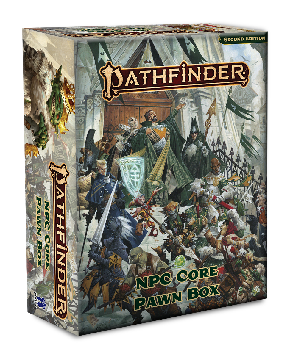 NPC Core Pawn Box: a large crowd on the steps of a fancy building. A finely dressed man gestures out as he speaks to the crowd while his guards keep the crowd at bay.