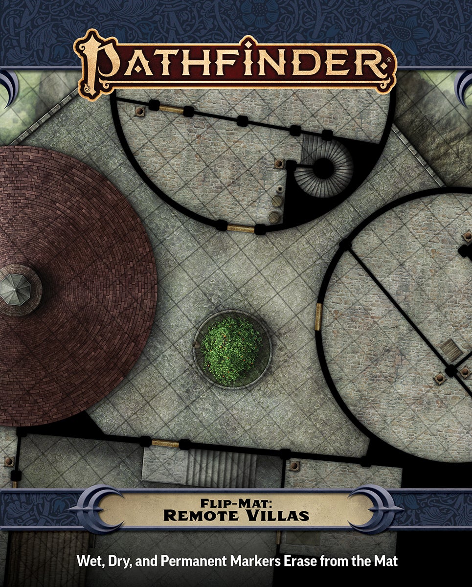Pathfinder Second Edition Flip-Mat: Remote Villas. A top down view of the top of a stone building featuring a spirel startcase and some rooftop plants