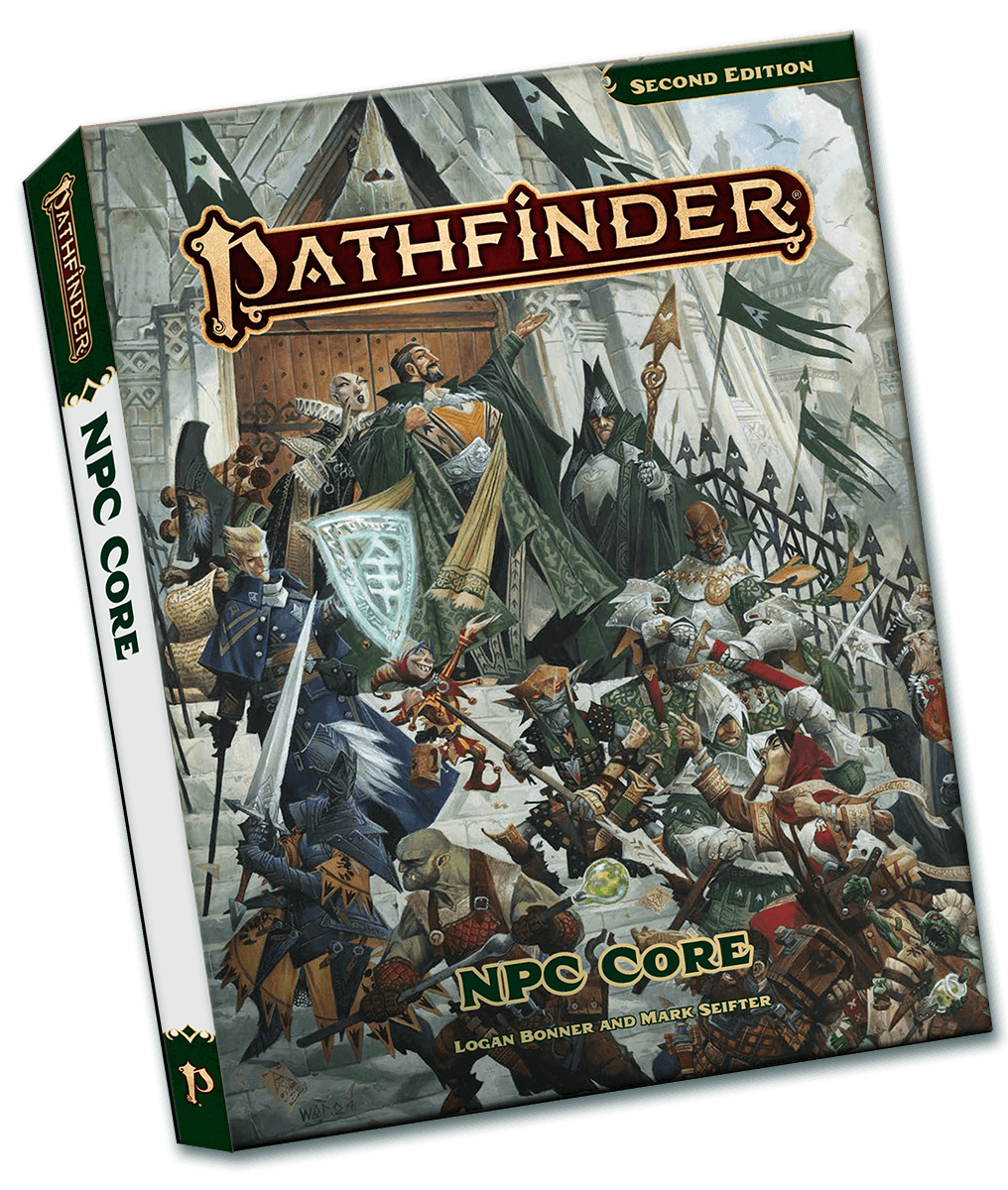 Pathfinder Second Edition Remaster NPC Core Pocket Edition: a large crowd on the steps of a fancy building. A finely dressed man gestures out as he speaks to the crowd while his guards keep the crowd at bay.
