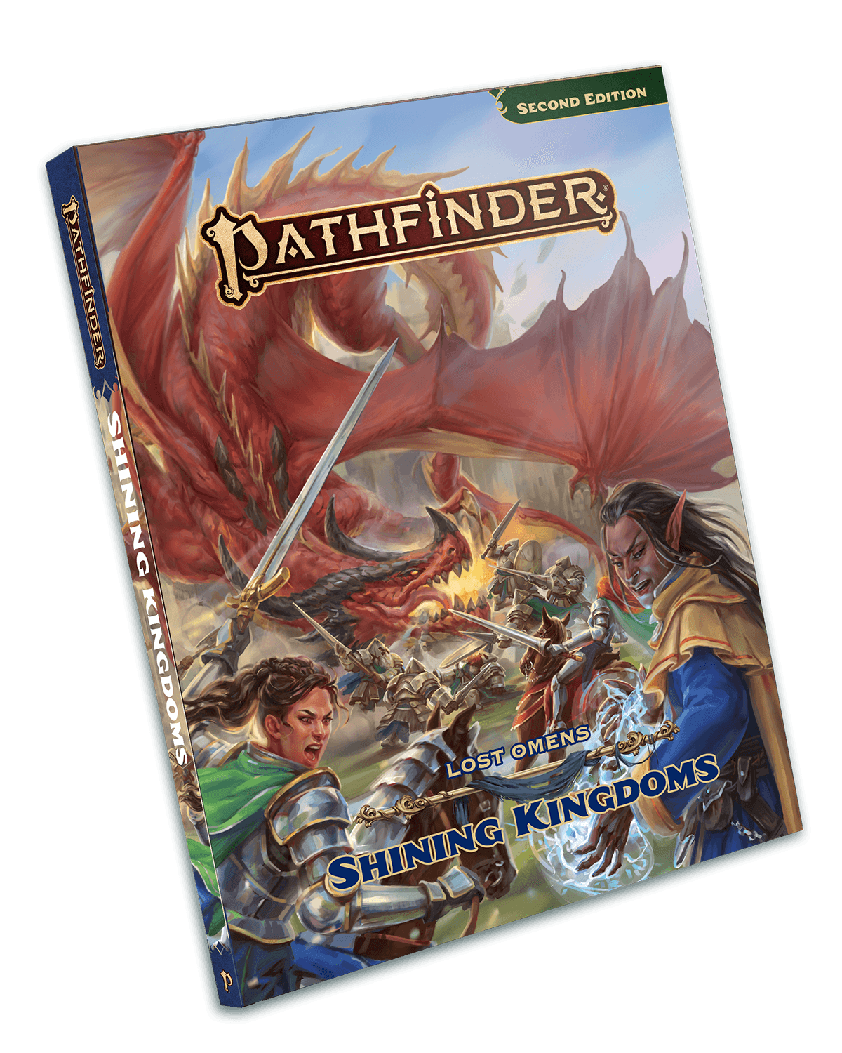 Pathfinder Second Edition Lost Omens Shining Kingdoms: A party of armored knights battle a large red dragon that's crashed down to the ground. In the foreground a helmet-less human knight and an elvish mage watch as the mage summons magic in their hands