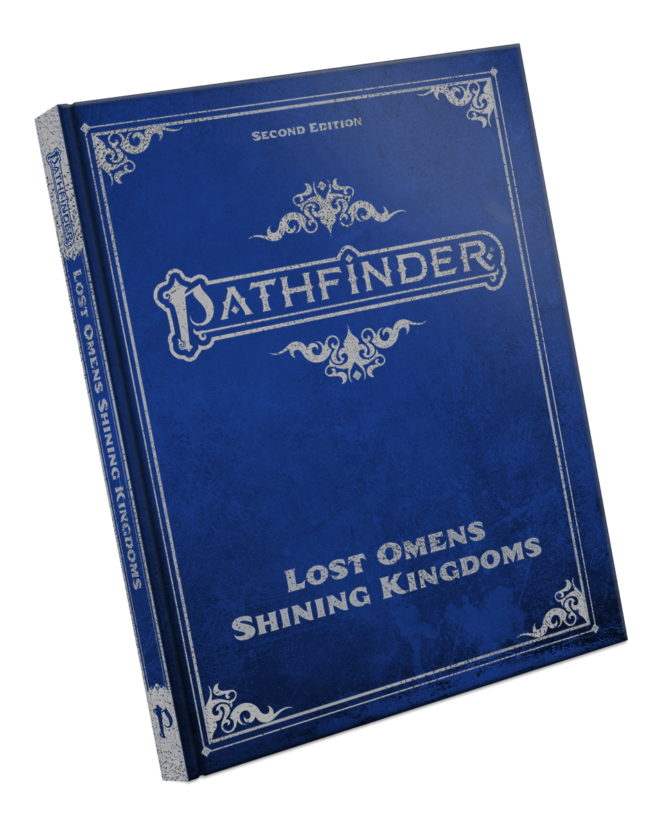 Pathfinder Second Edition Lost Omens Shining Kingdoms Special Edition: Silver text and decor on a blue leather-like textured background