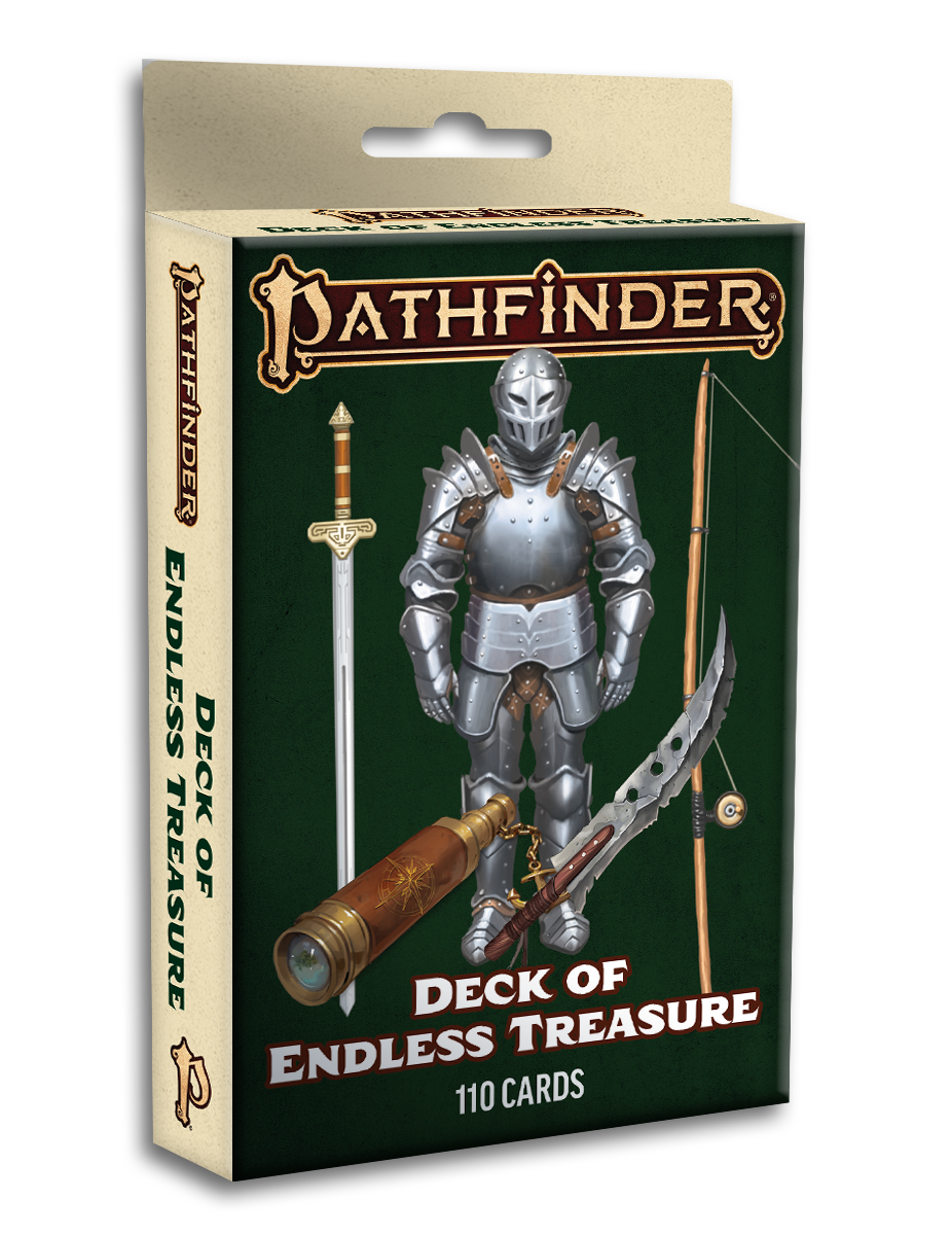Pathfinder Second Edition Deck of Endless Treasure box mockup featuring armor and weapons on the front of the box