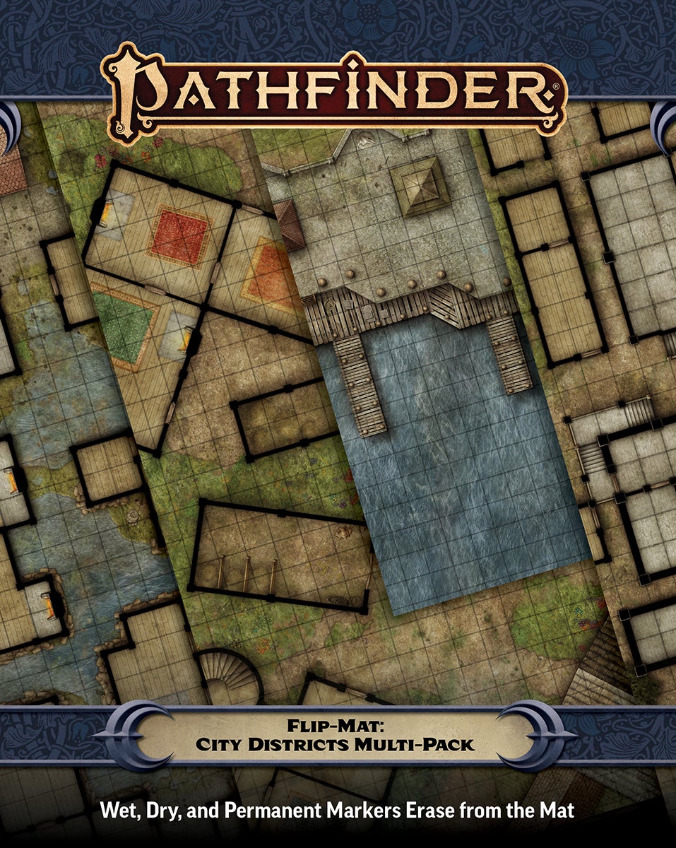Pathfinder Second Edition Flip Mat: City Districts Multi-Pack; featuring a top down view of different districts of a city including roads, ports, and building interiors,