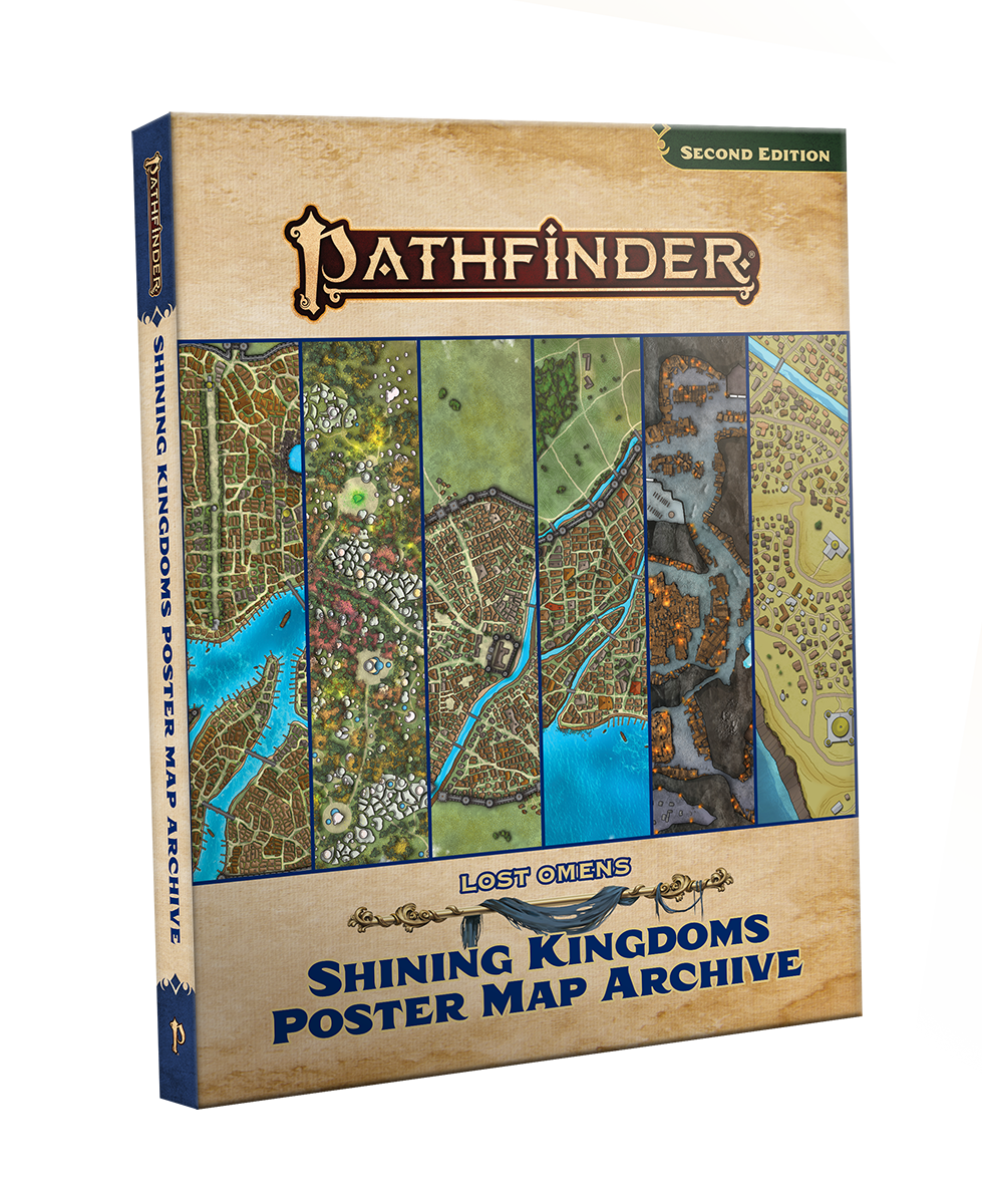 Pathfinder Second Edition Lost Omens: Shining Kingdoms Poster Map Archive box mockup. The front of the box features six different map examples including city-scapes, grassy planes, and underground caverns.