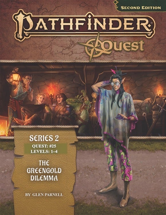Pathfinder Second Edition Quest: The Greengold Dilemma by Glen Parnell. Cover art featuring a small adventuring party taking a rest in a dungeon while looking over a map.
