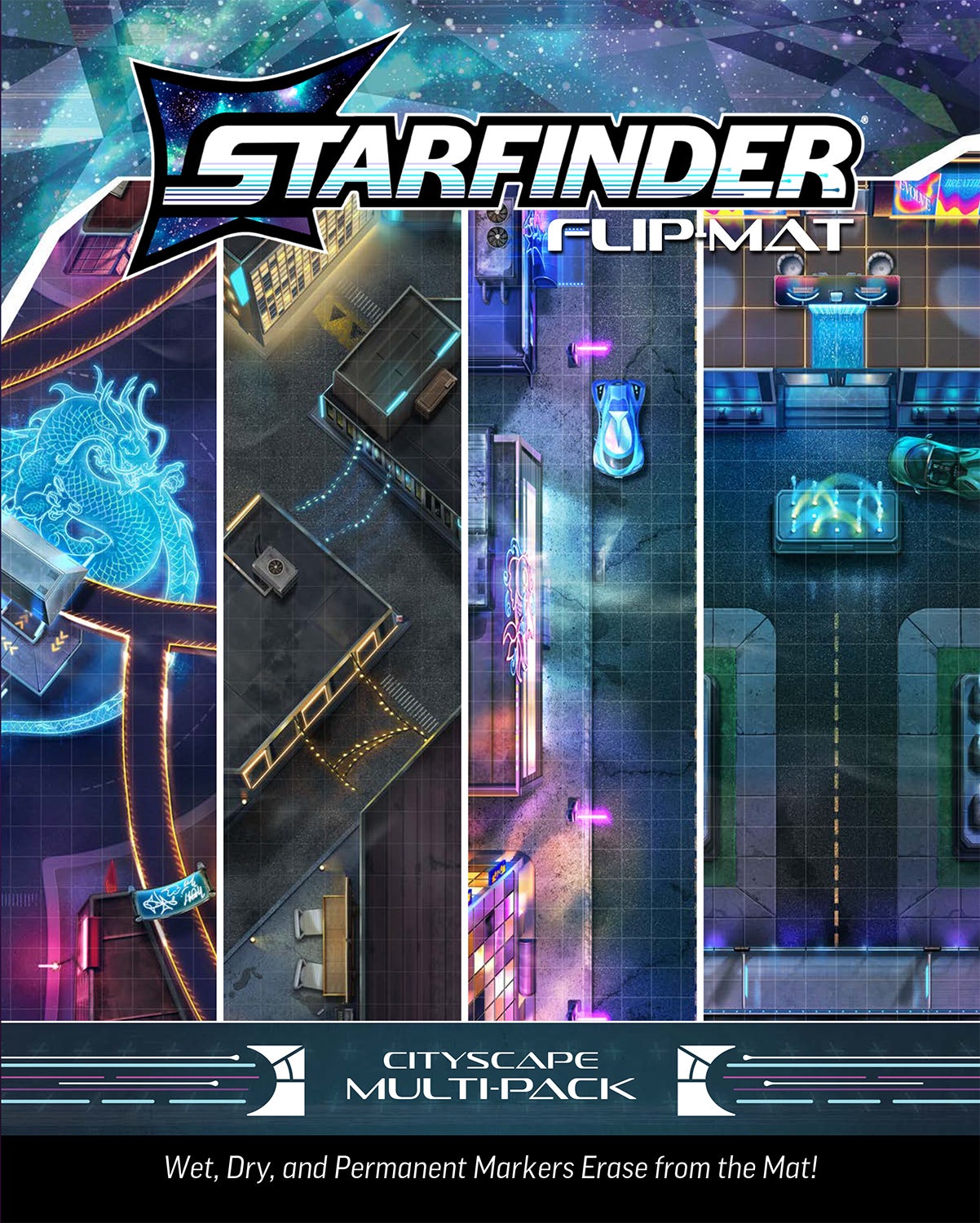 Starfinder Second Edition Flip Mat: Cityscape Multi-pack featuring a top down view of different sections of a city including a roadway and shopping districts