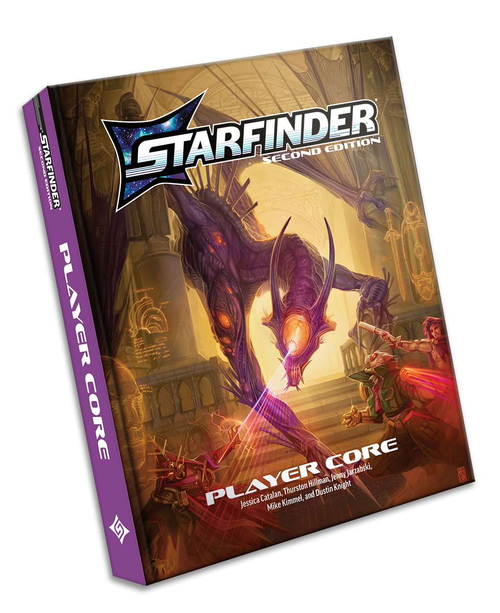 Starfinder Second Edition Player Core: Starfinder iconics, Navasi, Dae, and ChkChk fave against a large purple skinned dragon alien with a single large yellow eye in the center of its face and a number of smaller yellow eyes running down its arms. The dragon is focusing it's laser-like glare down onto Chkchk