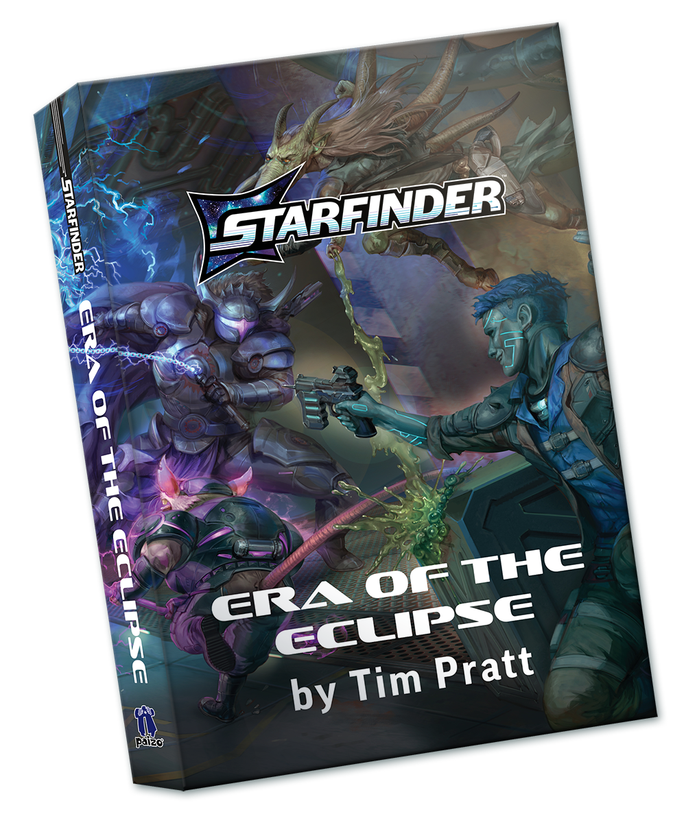 Starfinder Era of the Eclipse by Tim Pratt book mockup: The cover features art of a teal skinned android aiming a blaster at a heavily armored knight with horns protruding from the side of their helmet, wielding an electric whip