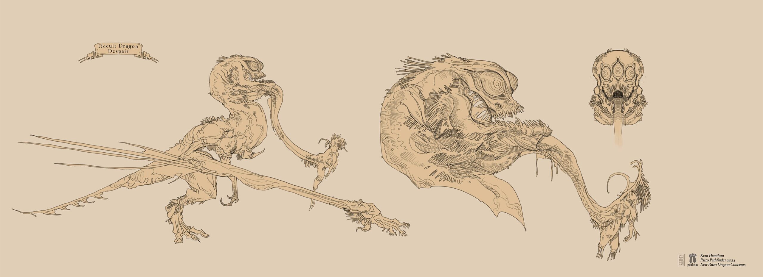 Despair Dragon Concept, artist Kent Hamilton: A sketch design of a despair dragon, a dragon with a bestial face and a long tongue with a strange bladder covered in cilia. The sketch includes a close-up look of the dragon’s features.