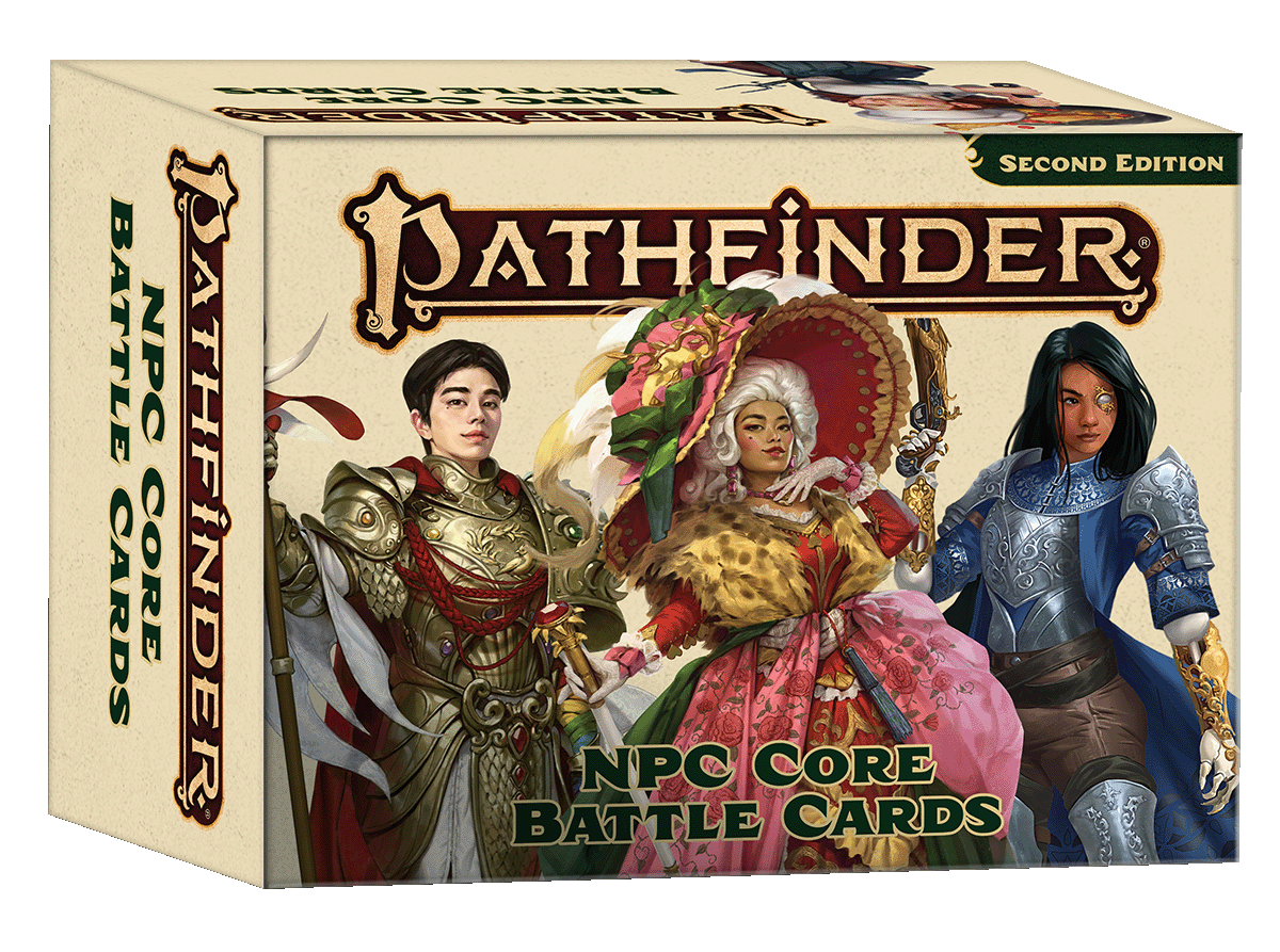 Pathfinder Second Edition NPC Core Battle Cards. A mock up of the card box featuring three characters on the front. The First in a pale skinned, dark haired, knight dressed in gold colored armor with a red cape. The Second is a tanned skinned courtesan wearing a puffy, highly decorated dress and large floral sunhat. The third is a a tan skinned woman with silvery armor and decorated gold and white prosthetic arm and eye. 