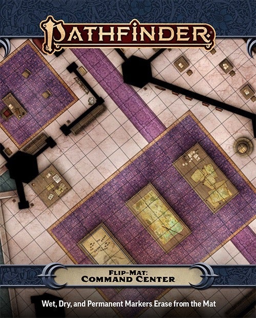 Pathfinder Flip-Mat: Command Center. The cover art is a square tiled map of a top down view of a build interior. The room is full of large tables and small desks covered in maps and paperwork.