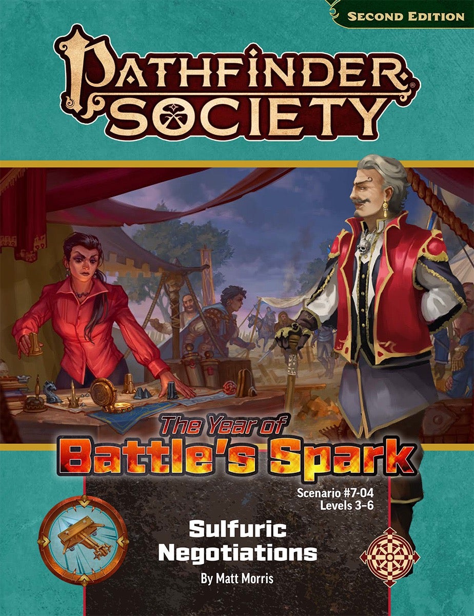 Pathfinder Society Second Editon The Year of Battle's Spark: Sulfuric Negotiations by Matt Morris. The background art is of  Zarta Dralneen as she moved pieces around a battle map as her wayfinder illuminates the scene. Pathfinders and Andoren soldiers moving in the background of a busy war camp. The overlayed image is of Lord Gulv Tevineg, a light skinned, grey haired man standing smugly, wearing his crimson doublet and using a cane to support himself.