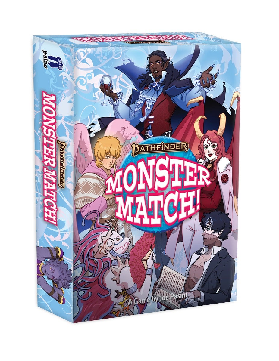 Pathfinder Second Edition Monster Match, a game by Joe Pasini. The brightly colored box features a diverse cast of potentially dateable characters including a vampire, an angel, nephilim, and monsters.