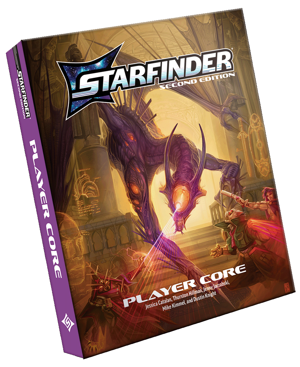 Starfinder Second Edition Player Core Pocket Edition: Starfinder iconics, Navasi, Dae, and ChkChk fave against a large purple skinned dragon alien with a single large yellow eye in the center of its face and a number of smaller yellow eyes running down its arms. The dragon is focusing it's laser-like glare down onto Chkchk