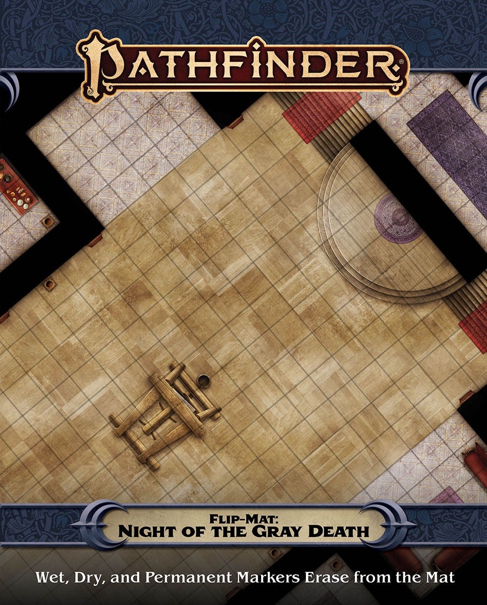 Flip-Mat: Night of the Gray Death. A square tiled flip mat of a large ballroom. In the center of the ballroom is a guillotine