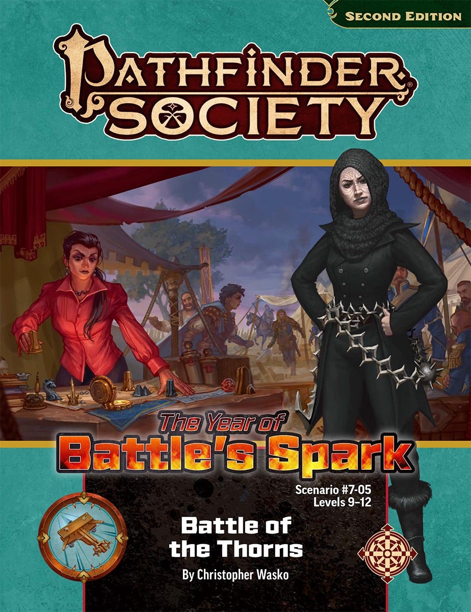 Pathfinder Society Second Editon The Year of Battle's Spark: Battle of the Thorns. The background art is of Zarta Dralneen as she moved pieces around a battle map as her wayfinder illuminates the scene. Pathfinders and Andoren soldiers moving in the background of a busy war camp. The overlayed image is of a pale skinned woman with round markings on her face outlining her eyes, cheeks, and jaw. She's dressed in dark clothes, with a chain wrapped around her waist, standing with her hands on her hips.