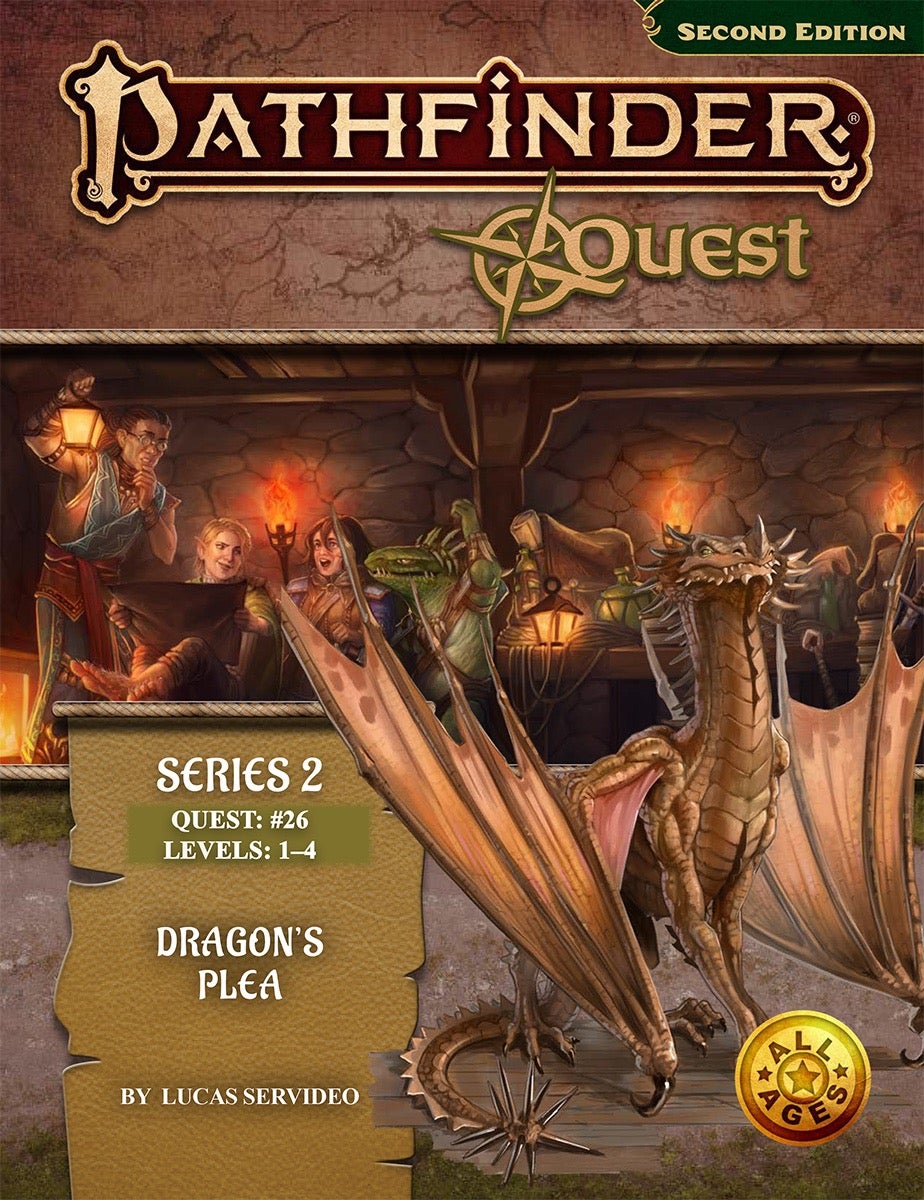 Pathfinder Second Edition Quest: Dragon's Plea. The cover is is two pieces of art, one overlayed over another. The background art features a small adventuring party taking a rest in a dungeon while looking over a map. the top image is of a young, orange scaled, horned dragon holds their head up with pride, despite being forced to ask for help
