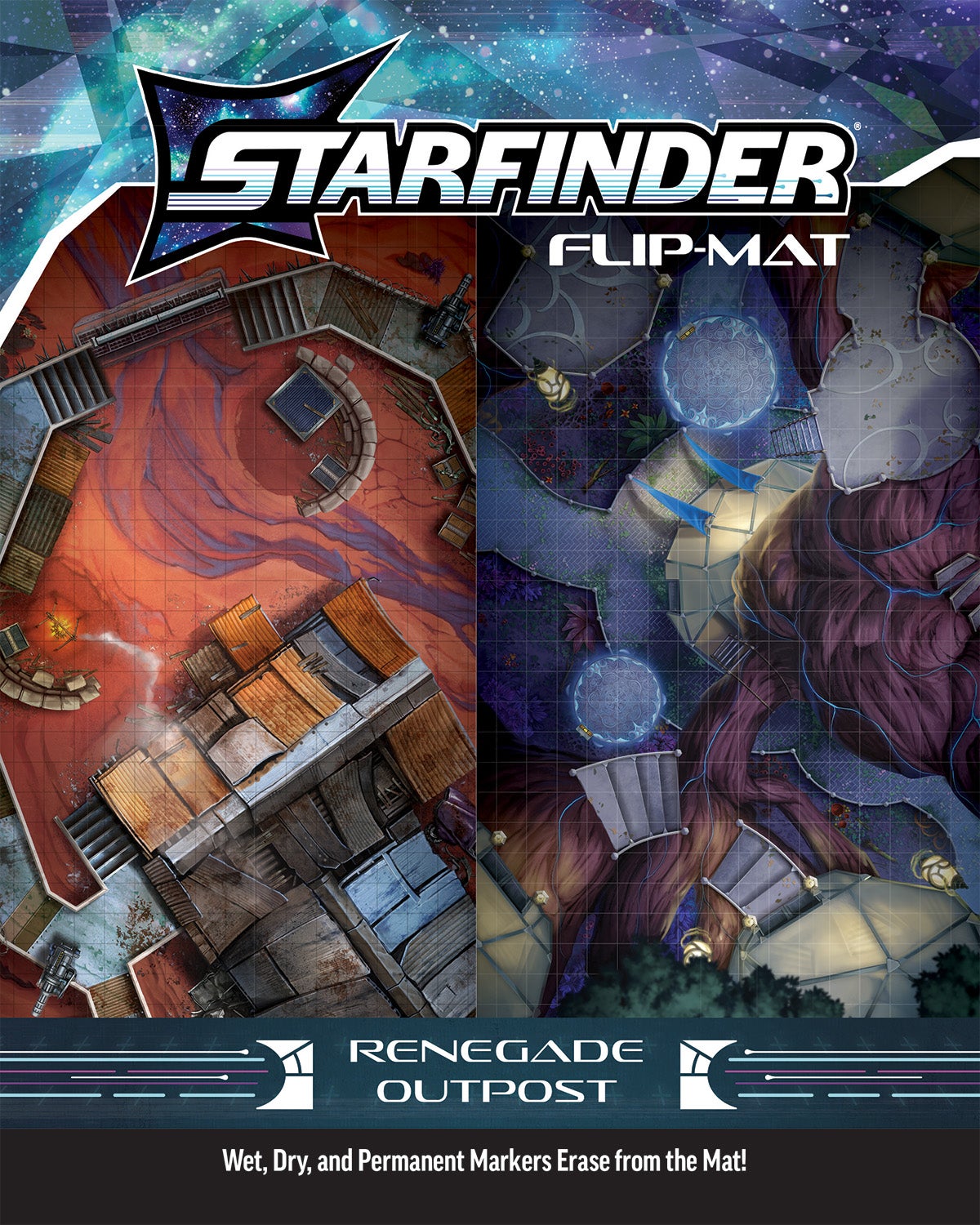 Starfinder Second Edition Renegade Outpost Flip-Mat: The cover art features two square tiled maps. The one on the left is a slap-dash building's exterior on a dry, rocky, red planet. The map on the left is of multiple octagonal domes resting amongst alien plant-life.