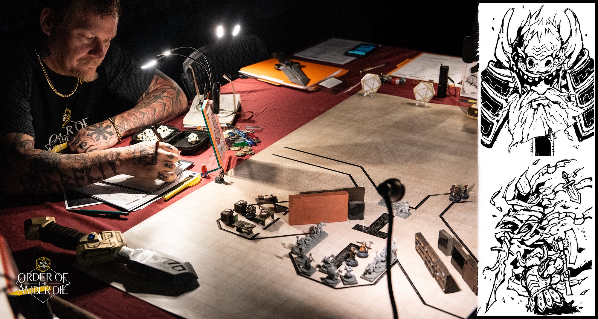 A man sitting at a gaming table drawing on a notebook next to his character sheet. The gaming table is covered in a hand drawn map and miniatures.