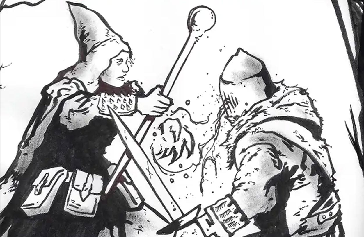 Two black and white figures